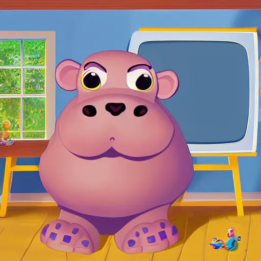 Prompt: a baby hippo lives in a cozy house. it likes to watch tv in the family room. digital art. pixar. toy story.