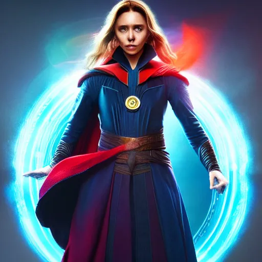 Image similar to Elizabeth Olsen as Doctor Strange, Elizabeth Olsen in Doctor Strange attire, in Avengers: Infinity War, Trending on artstation, photorealistic imagery, beautiful studio lighting, neon colorful lighting, 4k, 8k