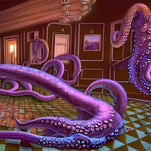 Image similar to hyperrealism photography supercomputer simulation of detailed octopus in the detailed ukrainian village in dramatic scene from movie the big lebowski ( 1 9 9 8 )