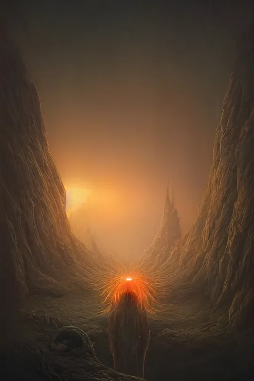 Image similar to 🔥::3, dreamlike, psychedelic, otherworldly, weird, cyberpunk, vaporware, interesting details, volumetric lighting, dramatic, fantasy, by Moebius, by zdzisław beksiński, Fantasy LUT, epic composition, 8k,