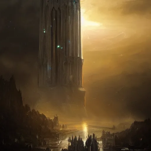 Image similar to the tower of orthanc from lord of the rings, dramatic lighting, chiaroscuro, high detail, painted by greg rutkowski, painted by igor kieryluk, painted by bobby chiu, trending on artstation