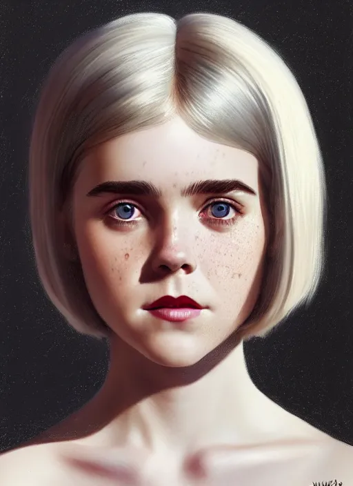 Image similar to portrait of kiernan shipka with freckles, white hair, 1 9 6 0 s bob hairstyle with bangs and hairband, intricate, elegant, glowing lights, highly detailed, digital painting, artstation, concept art, smooth, sharp focus, illustration, art by wlop, mars ravelo and greg rutkowski