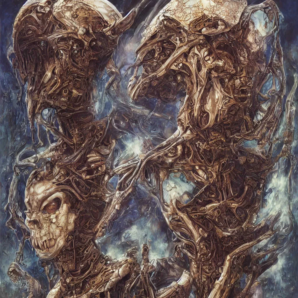 Image similar to dynamic and explosive alien queen body portrait, glowering judging eyes, art nouveau declotage, perfect symmetrical facial features, hyperrrealistic bone structure, extremely hyperdetailed, mixed media painting, unreal engine, 8 k, octane, 8 mm, by travis charest, rodney matthews, olivia de bernardinis