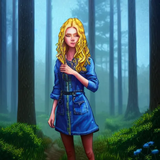 Prompt: an insanely detailed realistic depiction of beautiful haley from stardew valley standing in the rainy forest wearing blue dress under blue denim jacket, blonde hair, pretty blue eyes, in the style of peter mohrbacher, artgerm, dramatic lighting and composition, octane render, trending on artstation, concept art 8 k