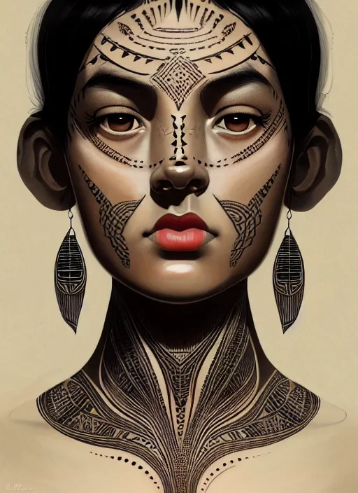 Image similar to portrait of a girl, fair skin, black hair, serious, tribal tattoos on her face, 1 9 5 0 s, intricate, elegant, glowing lights, highly detailed, digital painting, artstation, concept art, smooth, sharp focus, illustration, art by wlop, mars ravelo and greg rutkowski