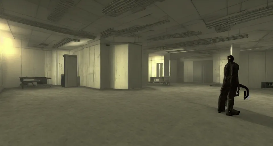 Prompt: An empty office at night with multiple cubicles and a window that provides a view of the city, a demon at the back of the room stares at the camera, Source Engine, Gmod, Half Life 2, Bioshock, Outlast