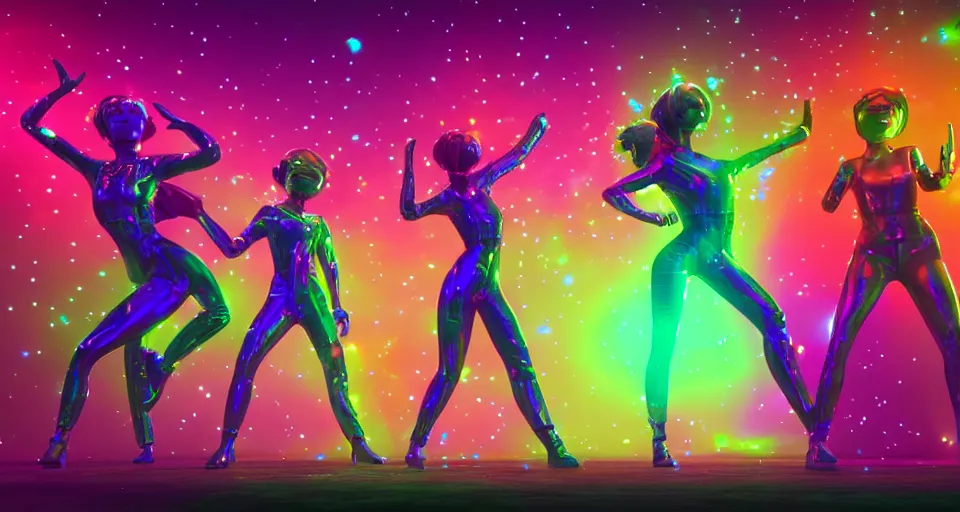 Prompt: dancing holographic girls, futuristic, silhouette, in the style of Pixar animation, very low angle view, 16mm lens, award winning, hyper detailed, dramatic lighting, artstation, octane renderer, unreal engine