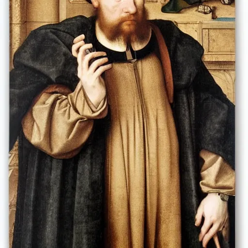 Image similar to man on a cell phone, by Hans Holbein the Younger