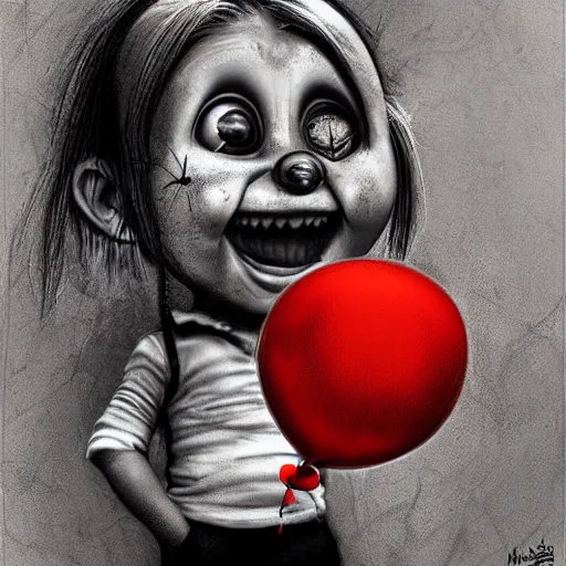 Image similar to surrealism grunge cartoon portrait sketch of a flower with a wide smile and a red balloon by - michael karcz, loony toons style, chucky style, horror theme, detailed, elegant, intricate