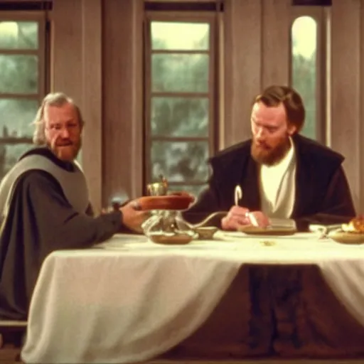 Image similar to Obi Wan Kenobi sits next to chancellor palpatine at a table and dreams tea. Movie Screenshot, Still from Movie, Highly Detailed, High Resolution