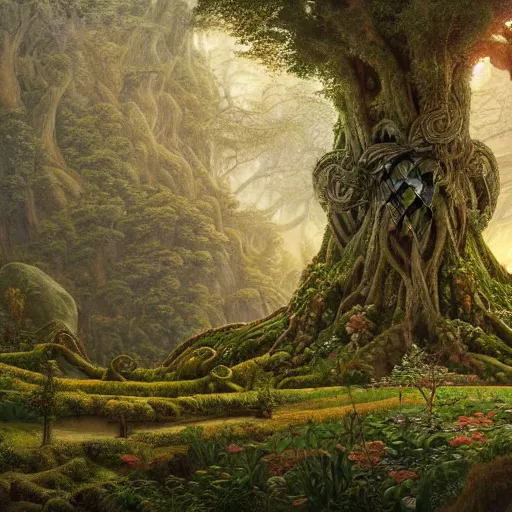 Prompt: a beautiful and highly detailed matte painting of a giant tree in a magical garden in lush forest in the valley of dreams, celtic knots, intricate details, epic scale, insanely complex, 8 k, sharp focus, hyperrealism, very realistic, by caspar friedrich, james gurney, brian froud,