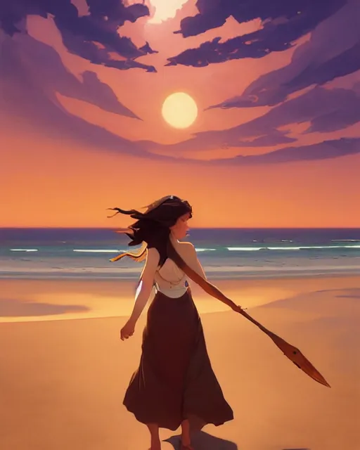 Image similar to lonely young woman wandering a beach at sunset painting by sargent and leyendecker, studio ghibli, fantasy, medium shot, asymmetrical, intricate, elegant, matte painting, illustration, hearthstone, by rhads by greg rutkowski, by greg tocchini, by james gilleard, by joe fenton