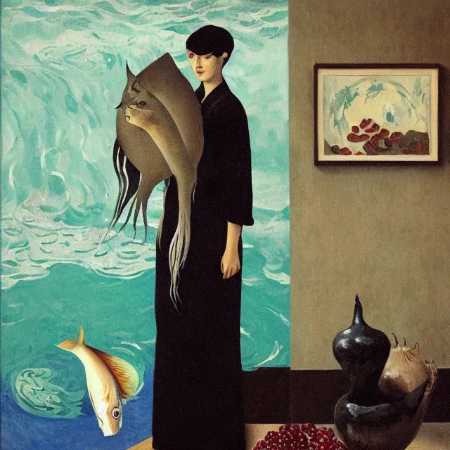 Image similar to tall emo female artist holding a large fish in her flooded kitchen, pomegranates, octopus, water gushing from ceiling, painting of flood waters inside an artist's apartment, a river flooding indoors, ikebana, zen, rapids, waterfall, black swans, canoe, berries, acrylic on canvas, surrealist, by magritte and monet