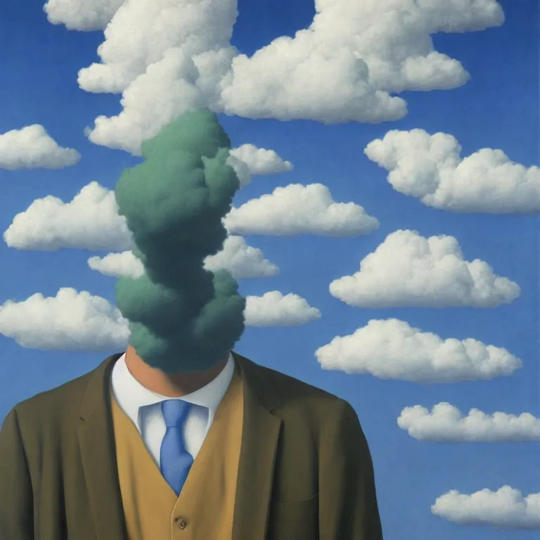 Image similar to cloud - man, by rene magritte, centered, detailed painting, hd, hq, high resolution, high detail, 4 k, 8 k