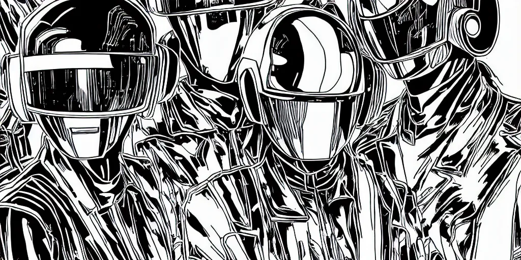 Image similar to detailed manga artwork of 2 Daft Punk robot rock using Apple notebook Macbook at an underground warehouse rave in Ibiza, playing techno house music, thousands of beautiful girls in bikini dancing, in the style of manga illustration, wires, speakers, trending on artstation