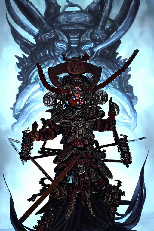 Image similar to asura from chinese myth, ancient japanese samurai, luxurious armor mixed with leather and metal, gothic diablo art, rococo art, cyberpunk, mecha, halfturn portrait of a big crystal face made of crystals half - turn, ominous, intricate, studio, art by anthony macbain + greg rutkowski + alphonse mucha, concept art, 4 k, sharp focus