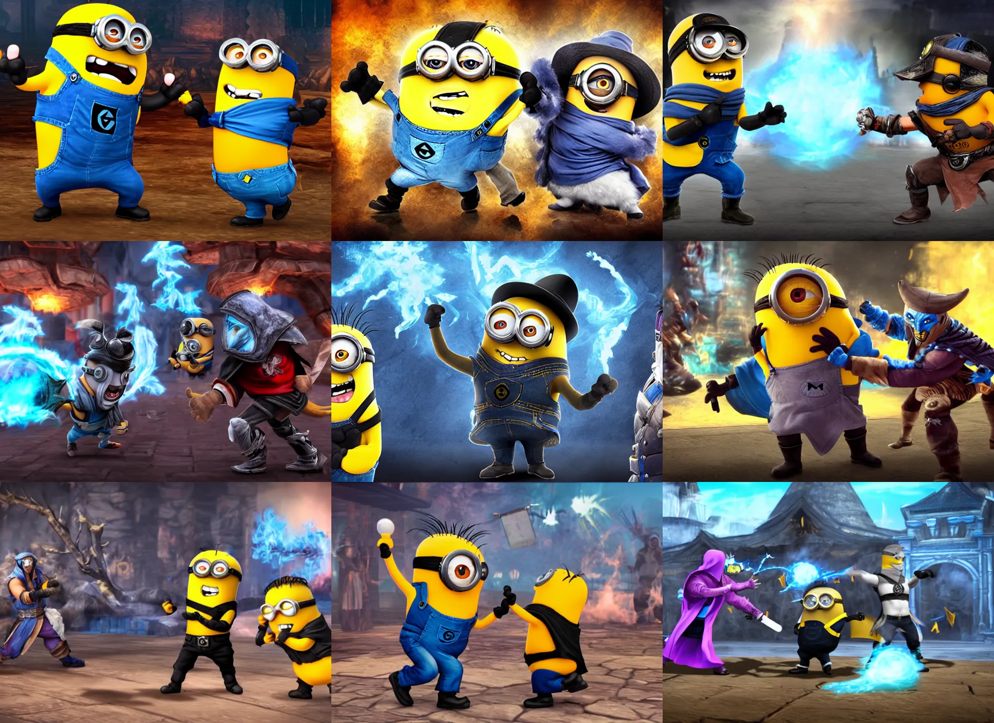 Prompt: minion dressed as sub - zero fights a minion dressed as kung - lao in mortal kombat laughing shao kahn background