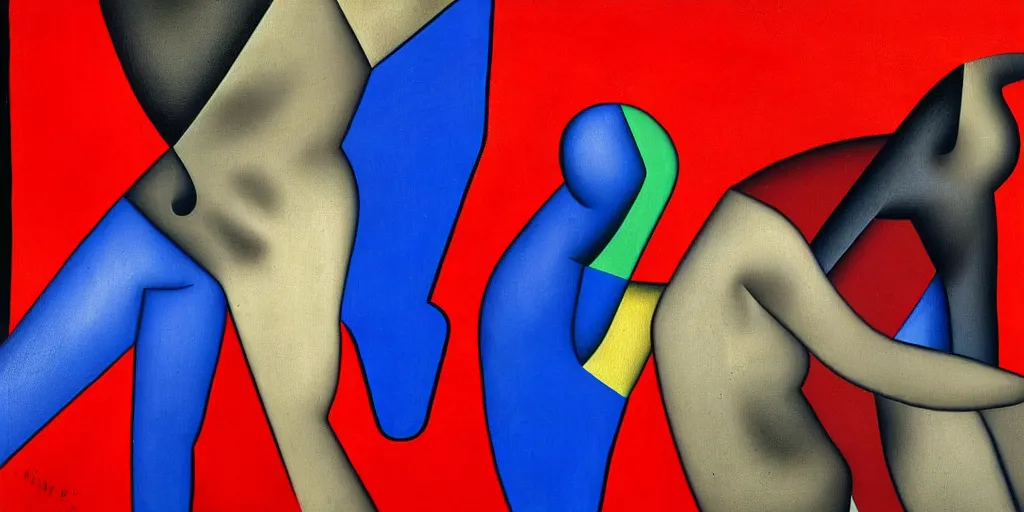 Image similar to a man being overcome by love, blue red black yellow, detailed painting by painting by man ray and pablo amaringo