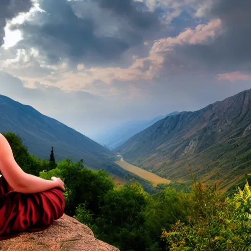 Prompt: a monk meditating in a valley containing a futuristic city