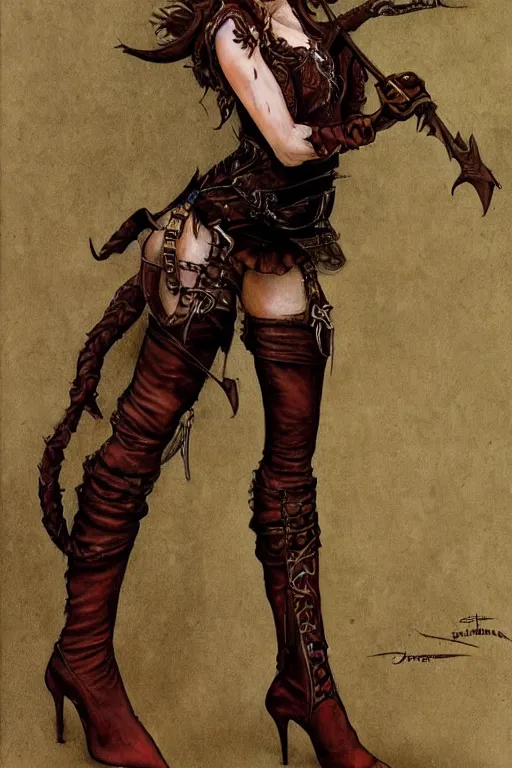 Image similar to Portrait of a beautiful female Half-Elf Rogue in high heeled leather boots, extremely detailed fantasy art in the style of Gerald Brom