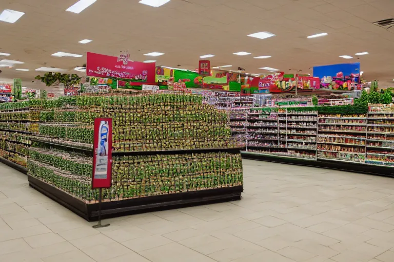 Image similar to 2001 y2k grocery store made of cactus, 85mm f/11 interior photography two point perspective,