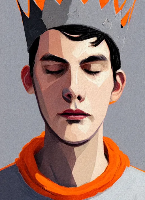 Image similar to portrait of teenage jughead jones wearing a light grey crown, symmetrical crown, sweater with picture of hamburger, eyes closed, crown, black hair, orange, intricate, elegant, glowing lights, warm lighting, highly detailed, digital painting, artstation, concept art, smooth, sharp focus, illustration, art by wlop, mars ravelo and greg rutkowski