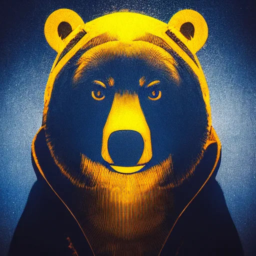 Prompt: portrait photo of bear as a jedi, blue and yellow lighting, dark, cinematic, high quality, 4 k