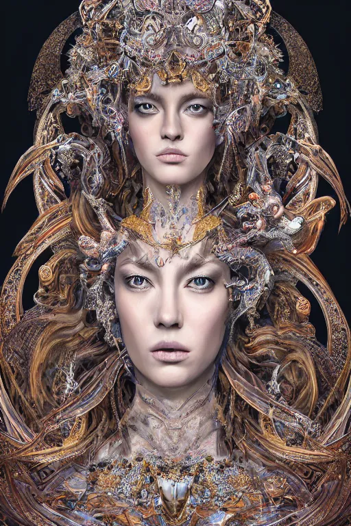 Image similar to hyper-realistic ultra-detailed maximalist and dramatic elegant luxury beautiful young empress portrait by igor goryunov and patricio clarey inspired by andrei riabovitchev and heidi taillefer Rendered by binx.ly 8k. Generative art. Fantastic realism. Scifi feel. Extremely Ornated. Intricate and omnious. Tools used: Blender Cinema4d Houdini3d zbrush. Unreal engine 5 Cinematic. Beautifully lit. No background. artstation. Deviantart. CGsociety.