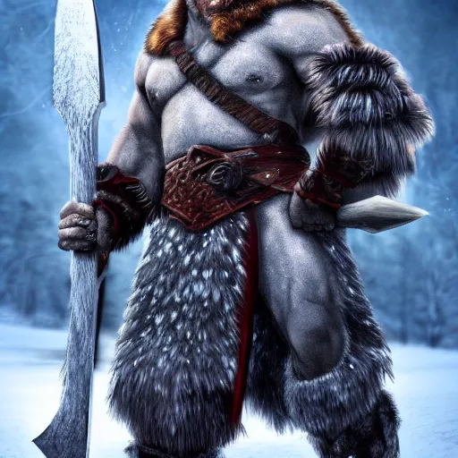 Image similar to a dnd barbarian half frost giant wearing a fur coat, shoulder armor and holding an axe, high resolution film still, 4k, HDR color