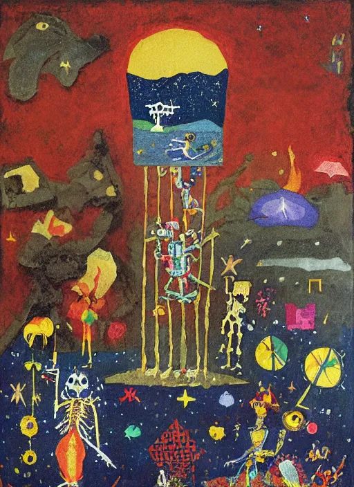 Image similar to pixel decollage painting tarot lovers card composition tower of babel road red armor maggot bear and wonky alien frog skeleton knight on a horse in a dark red cloudy night sky with golden foil jewish stars and diamonds, mountain lake and blossoming field in background, painted by Mark Rothko, Helen Frankenthaler, Danny Fox and Hilma af Klint, pixelated, neo expressionism, semi naive, pastel colors, cinematic, color field painting, cave painting, voxel, pop art look, outsider art, minimalistic. Bill Traylor painting, part by Philip Guston, Amano and Francis Bacon. art by Adrian Ghenie and Storm Thorgerson, very coherent symmetrical artwork, cinematic, hyper realism, high detail, octane render, unreal engine, Smooth gradients, depth of field, full body character drawing, extremely detailed, 8k, extreme detail, intricate detail, masterpiece