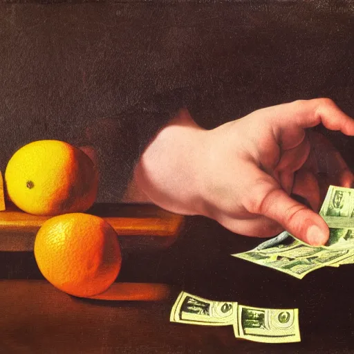 Image similar to monkey holding money, chromatic, crepuscular rays, dslr, caravaggio, citrus, dof