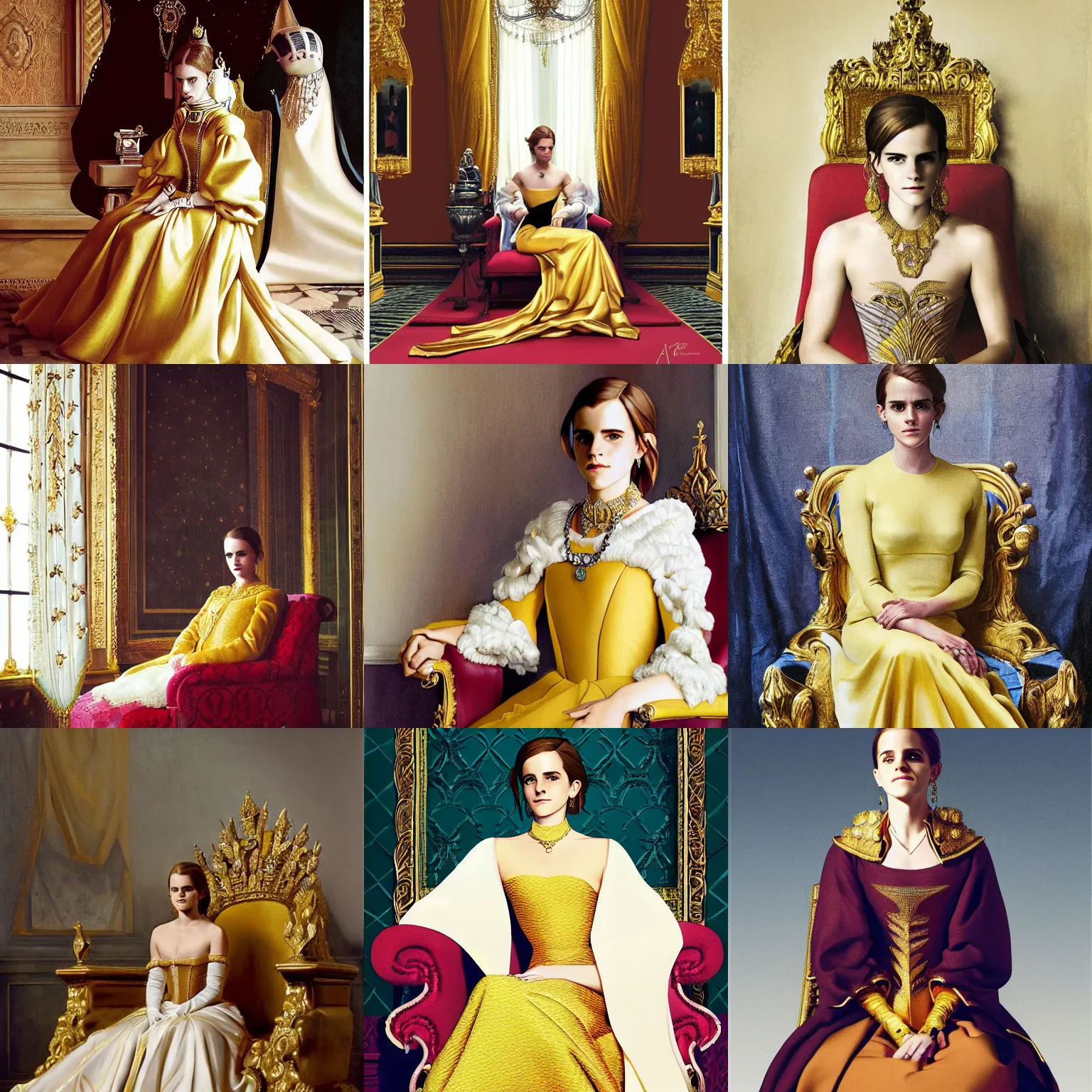 Prompt: regal Emma Watson sitting on queens throne royalty wearing royal mantle gold jewelry by alex ross by moebius and atey ghailan by james gurney by vermeer by George Stubbs