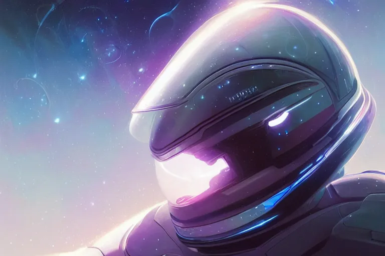 Image similar to Portrait of a Futuristic reflective spacesuit visor mirror spacesuit reflecting a nebula supernova in space, portrait, elegant, intricate, digital painting, artstation, concept art, smooth, sharp focus, illustration, art by artgerm and greg rutkowski and alphonse mucha