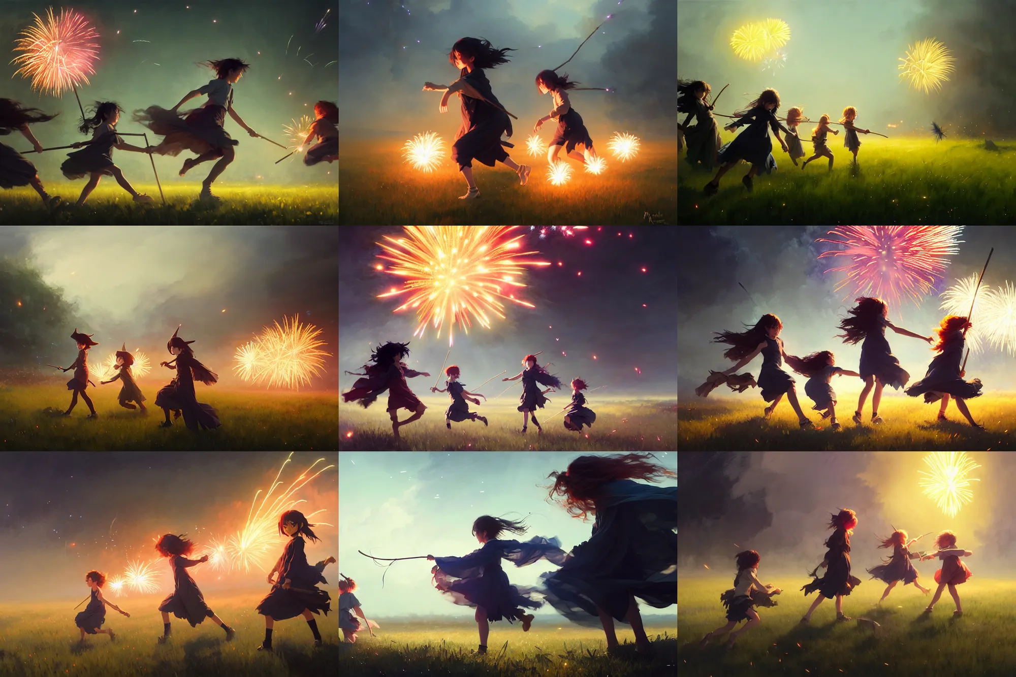 Prompt: young witches running through a field launching fireworks into the sky, magical particles in the air, night time, rim light, studio ghibli style, high octane filter, 8 k, highly detailed, digital painting, concept art, matte, art by ruan jia and wlop and greg rutkowski and makoto shinkai, masterpiece