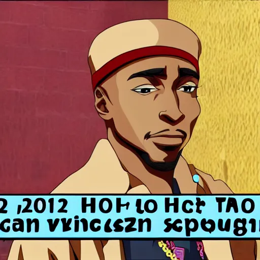 Image similar to Tupac Shakur, screenshot from a 2012s anime