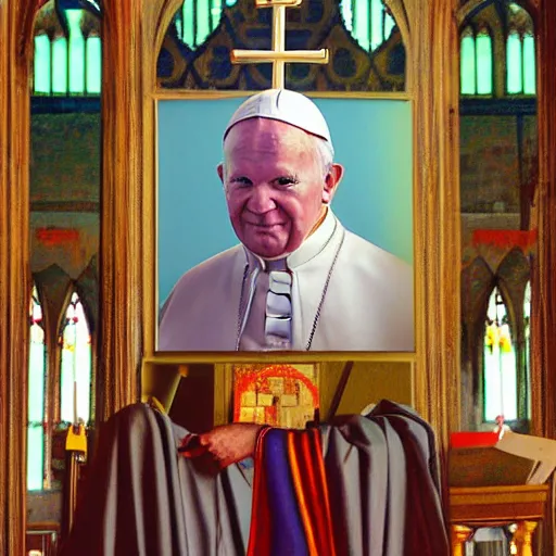 Prompt: colorful portrait of pope john paul ii standing in a church, wearing pope's cap in the style of artgerm