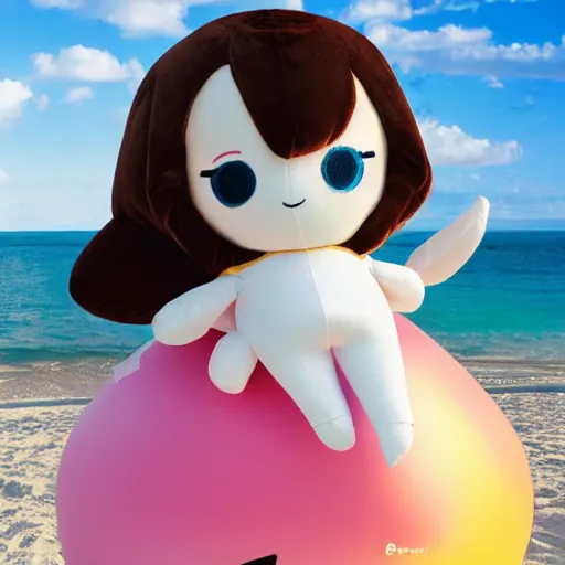 Prompt: cute fumo plush of a girl on the beach with a large inflatable dolphin, lens flare, vray