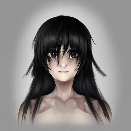 Prompt: 19-year-old girl with shaggy black hair, hair over her eyes, very long bangs, hime cut, gray skin, scar, battle scar, face close up, digital art