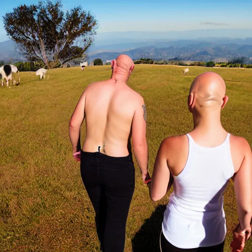 Image similar to portrait of a bald white male tattoos and his white female wife with tattoos. male is wearing a white t - shirt, tan shorts, white long socks. female is has long brown hair and a lot of tattoos. photo taken from behind them overlooking the field with a goat pen. rolling hills in the background of california and a partly cloudy sky