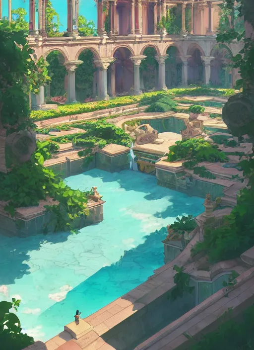 Prompt: palace garden with pools leading to of a roman palace, glorious, epic scene, beautiful, in the style of artgerm, makoto shinkai, atey ghailan and mike mignola, vibrant colors and hard shadows and strong rim light, plain background, comic cover art, trending on artstation