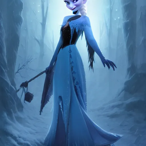 Prompt: an undead ice witch from frozen 2. Detailed digital art by greg rutkowski, Thomas kinkade, Keith Parkinson, artstation, cgsociety, deviantart, 8k, HD