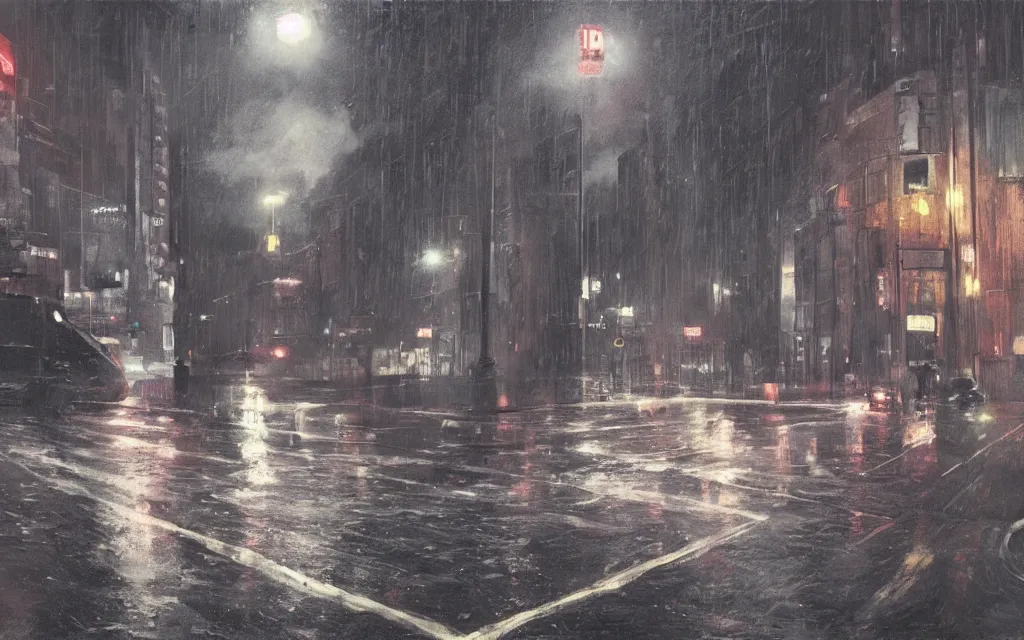 Prompt: concept art, wet london street at night by roger deakins, in the style of syd mead and liam wong