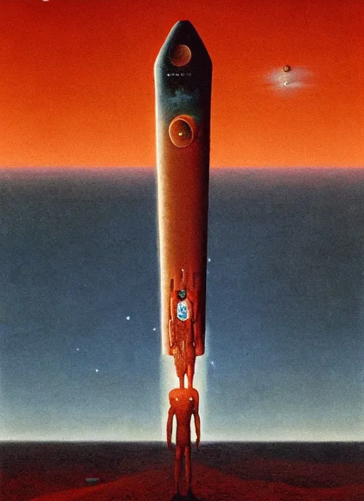 Image similar to A painting in a style of Beksinski featuring Elon Musk on mars. There is a rocket in the sky. Very detailed, symmetry