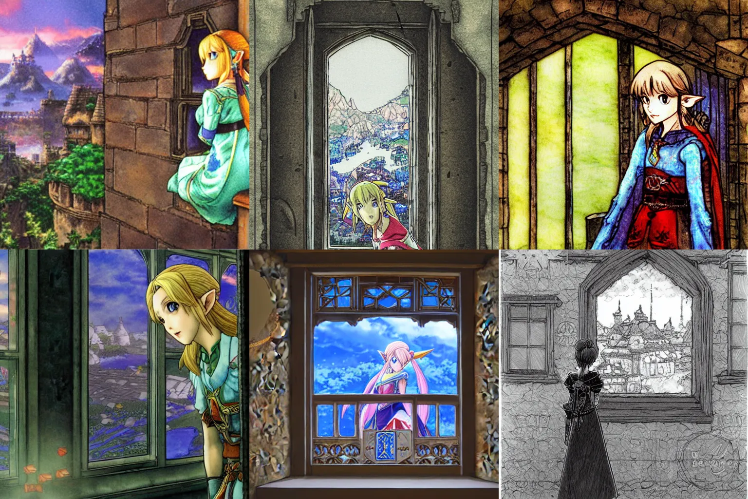 Prompt: zelda looking out the window of her castle, by yoshitaka amano