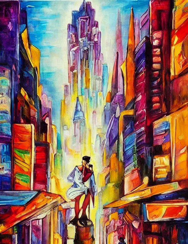 Prompt: ice cream spirit lost in a metropolis. this art noveau painting by the award - winning artist has dramatic lighting, an interesting color scheme.