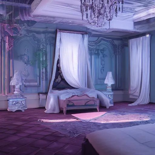 Prompt: vaporwave bedroom, beautiful detail, mansion, liminal space, high detail, rendered in unreal engine, 3d render, god rays, volumetric lighting, mansion, interior, large windows, vegetation