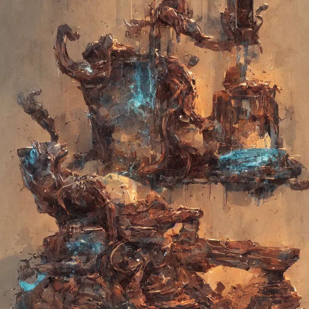 Image similar to a cat character laying, wood carved chair, super powers, concept art, by greg rutkowski, old copper pipes, complementing colors