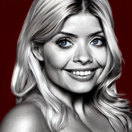 Prompt: holly Willoughby with the physique of a body builder, symmetrical facial features, hyper realistic, ultra detailed, cinematic, dynamic lighting, photorealistic, refined, intricate, digital art, digital painting, masterpiece, 8k