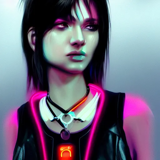Prompt: female character cyberpunk wearing technological collar around neck, realistic, art, beautiful, 4K, collar, choker, collar around neck, punk, artstation, detailed, female, woman, choker, neon,