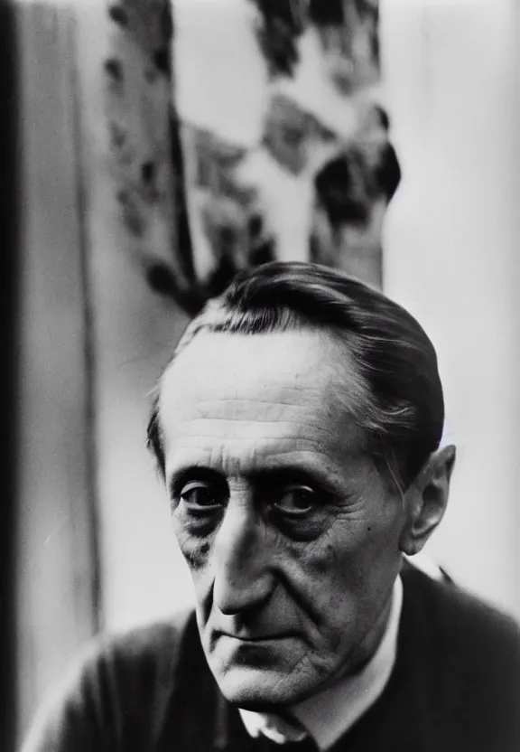 Image similar to a close - up casual photo of marcel duchamp with pensive eyes, 1 9 2 0 s monochrome snapshot, graflex 4 x 5, f 1. 8, 3 5 mm, ilford delta 3 2 0 0 pro